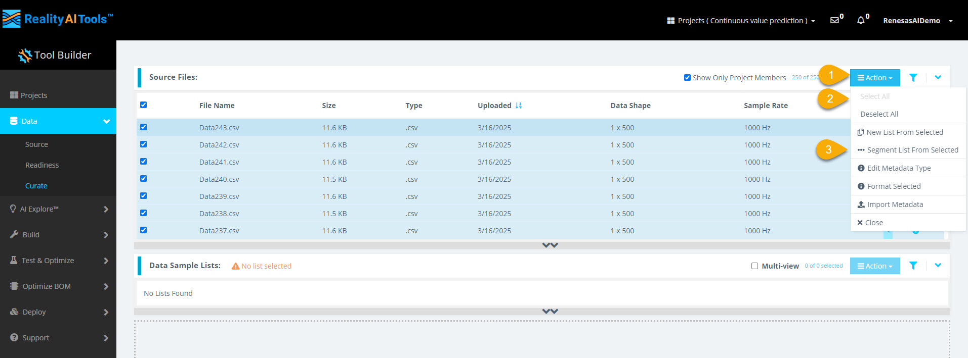 Select files for segmentation